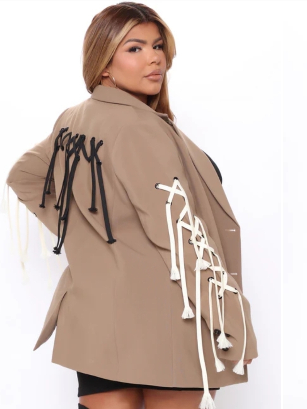 Fashion Nova Taupe Blazer with Black and Cream Lace-Up Fringe
